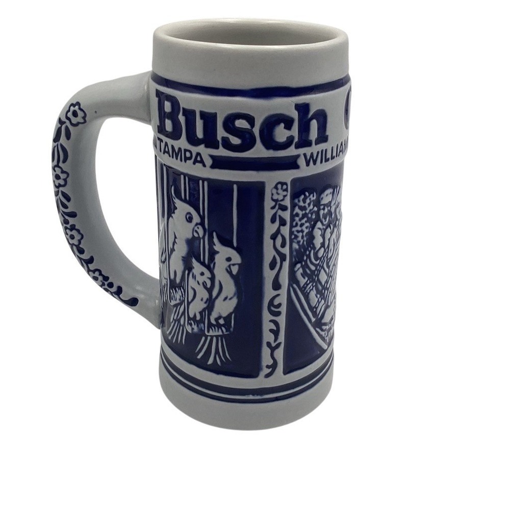 Vintage‎ Busch Gardens Ceramic Beer Stein Mug Blue & White Souvenir